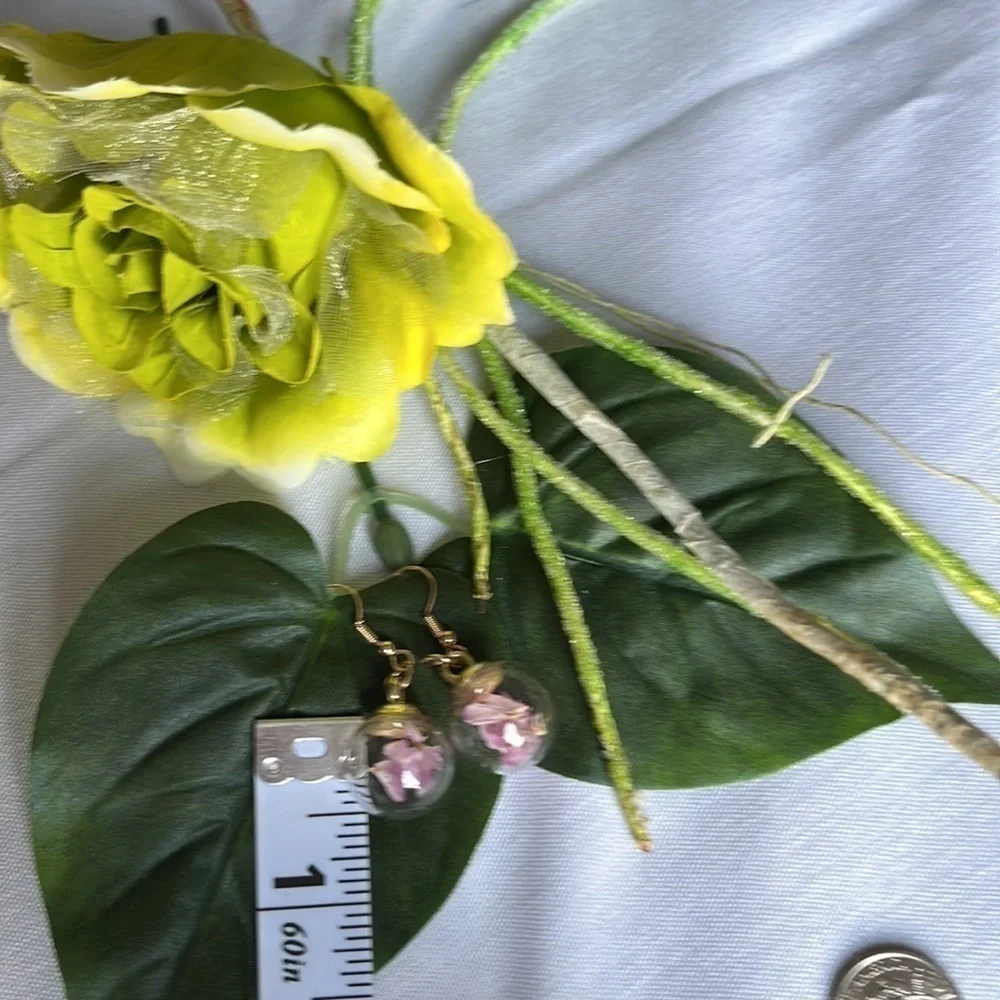 Resin Globe Pink Pressed Floral Earrings